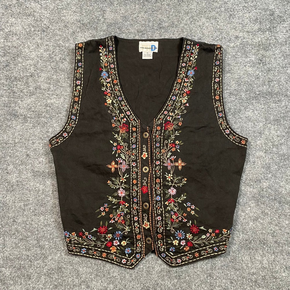 Paul Harris Design Womens Black Embroidered Floral Cotton Vest Size M Waistcoat